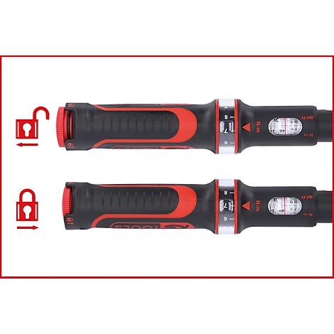 Zwei Drehmomentschlüssel, einer verriegelt, einer entriegelt. Roter Knopf und Griff, Messanzeige.